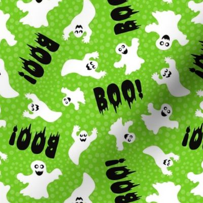 Medium Scale White Spooky Halloween Ghosts on Lime Green