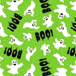 Medium Scale White Spooky Halloween Ghosts on Lime Green