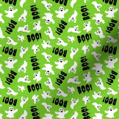 Small Scale White Spooky Halloween Ghosts on Lime Green