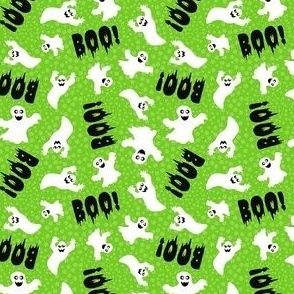 Small Scale White Spooky Halloween Ghosts on Lime Green
