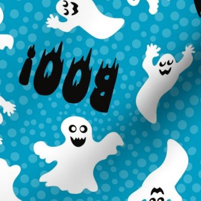 Large Scale White Spooky Halloween Ghosts on Caribbean Blue