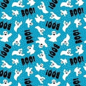 Small Scale White Spooky Halloween Ghosts on Caribbean Blue