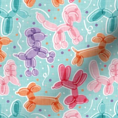 Small scale // Let's pawty! // aqua background multicoloured orange pink red violet and mint fun party balloon dogs and confetti