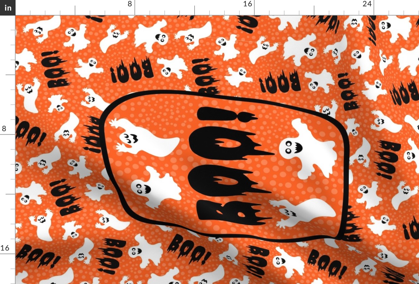 Large 27x18 Fat Quarter Panel Boo! White Creepy Halloween Ghosts for Tea Towel or Wall Hanging on Pumpkin Orange
