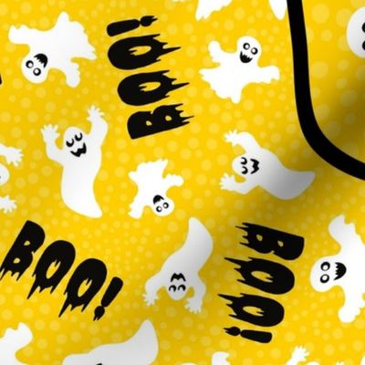 Large 27x18 Fat Quarter Panel Boo! White Creepy Halloween Ghosts for Tea Towel or Wall Hanging on Golden Yellow
