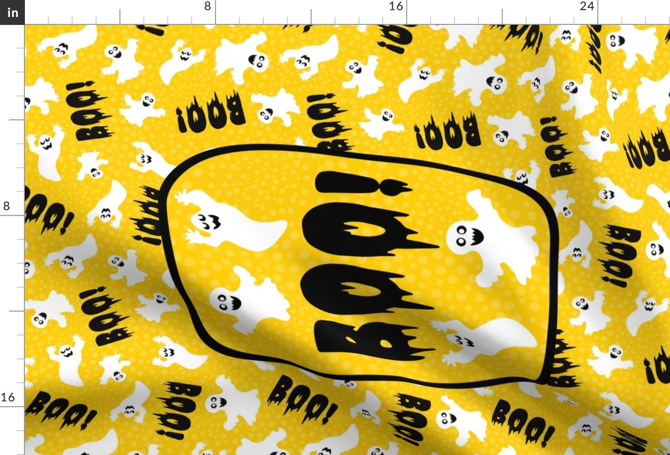 Large 27x18 Fat Quarter Panel Boo! White Creepy Halloween Ghosts for Tea Towel or Wall Hanging on Golden Yellow