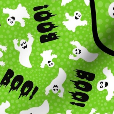 Large 27x18 Fat Quarter Panel Boo! White Creepy Halloween Ghosts for Tea Towel or Wall Hanging on Lime Green