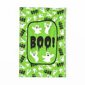 Large 27x18 Fat Quarter Panel Boo! White Creepy Halloween Ghosts for Tea Towel or Wall Hanging on Lime Green