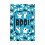 Large 27x18 Fat Quarter Panel Boo! White Creepy Halloween Ghosts for Tea Towel or Wall Hanging on Caribbean Blue