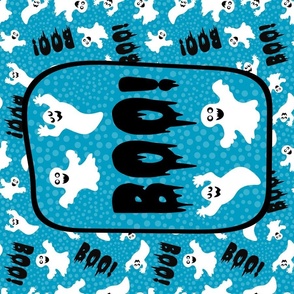 Large 27x18 Fat Quarter Panel Boo! White Creepy Halloween Ghosts for Tea Towel or Wall Hanging on Caribbean Blue