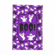 Large 27x18 Fat Quarter Panel Boo! White Creepy Halloween Ghosts for Tea Towel or Wall Hanging on Purple