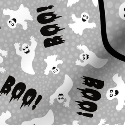 Large 27x18 Fat Quarter Panel Boo! White Creepy Halloween Ghosts for Tea Towel or Wall Hanging on Grey