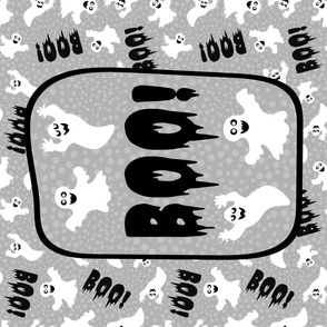 Large 27x18 Fat Quarter Panel Boo! White Creepy Halloween Ghosts for Tea Towel or Wall Hanging on Grey
