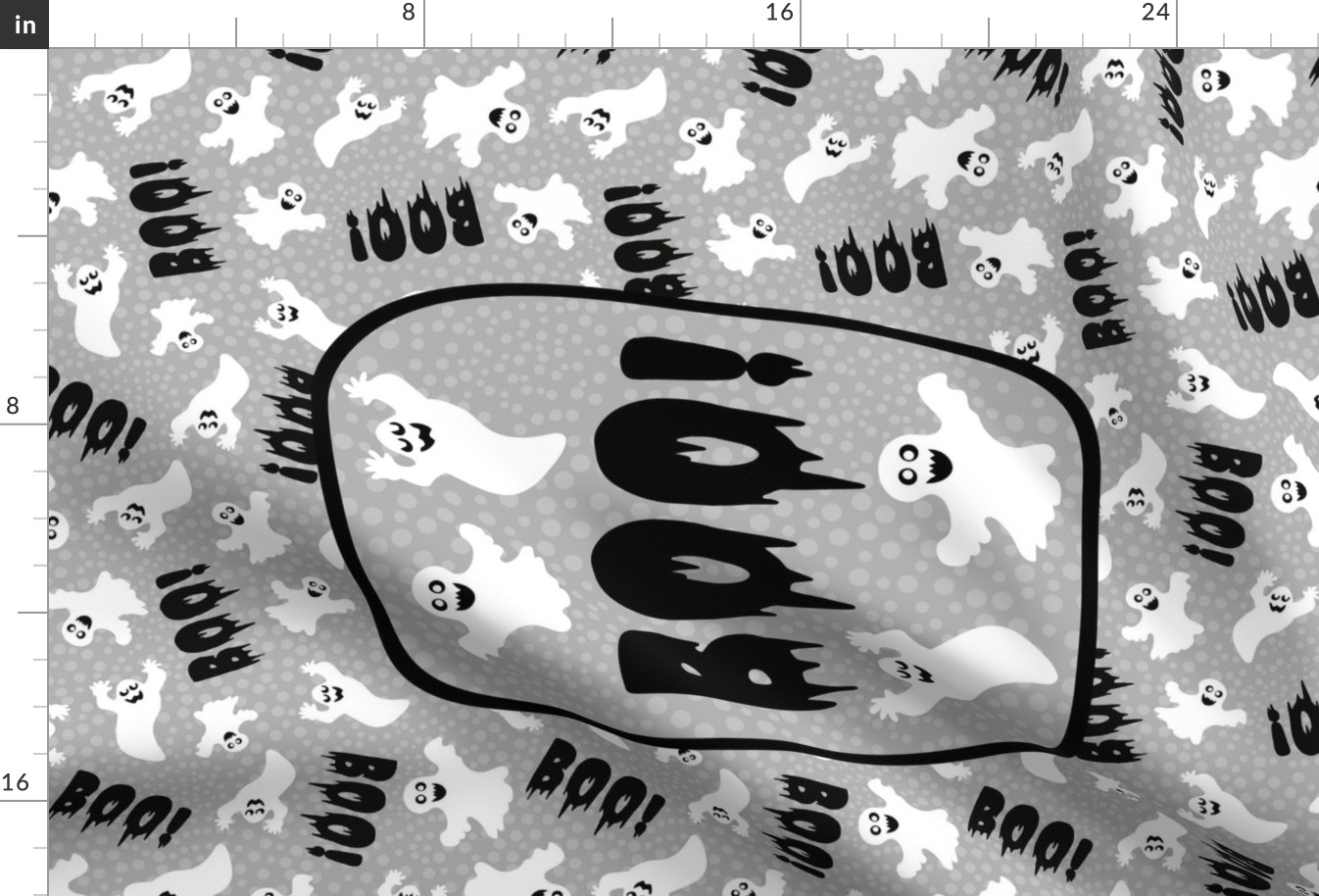 Large 27x18 Fat Quarter Panel Boo! White Creepy Halloween Ghosts for Tea Towel or Wall Hanging on Grey