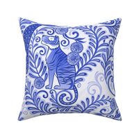 The Tiger and the Peacock Chinoiserie- Monochromatic Blue Rococo- Vintage Novelty Animals- Monochrome Damask-  Indigo Blue Toile