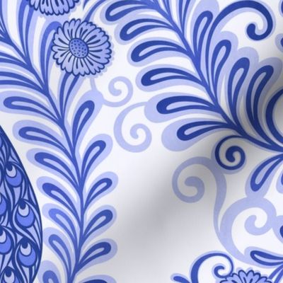 The Tiger and the Peacock Chinoiserie- Monochromatic Blue Rococo- Vintage Novelty Animals- Monochrome Damask-  Indigo Blue Toile