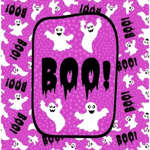 14x18 Panel for DIY Garden Flag Wall Hanging or Hand Towel Boo! White Creepy Halloween Ghosts on Fuchsia Pink