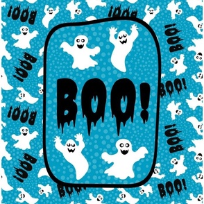 14x18 Panel for DIY Garden Flag Wall Hanging or Hand Towel Boo! White Creepy Halloween Ghosts on Caribbean Blue