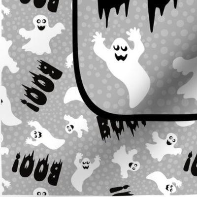 14x18 Panel for DIY Garden Flag Wall Hanging or Hand Towel Boo! White Creepy Halloween Ghosts on Grey