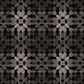 PFLR18 - Pixelated Floral Lace in Neutral Grey on Black  - 4 inch repeat