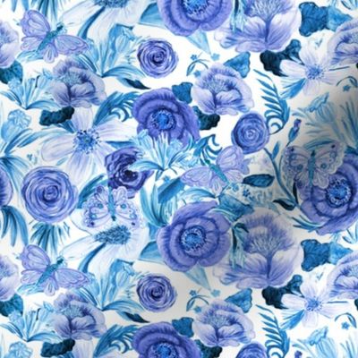 Blue floral monochrome delight with butterflies in watercolor