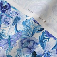 Blue floral monochrome delight with butterflies in watercolor