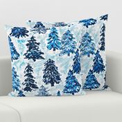 winter tree farm watercolor Christmas trees monochromatic blue large scale