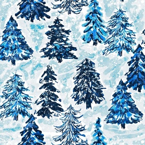 winter tree farm watercolor Christmas trees monochromatic blue large scale