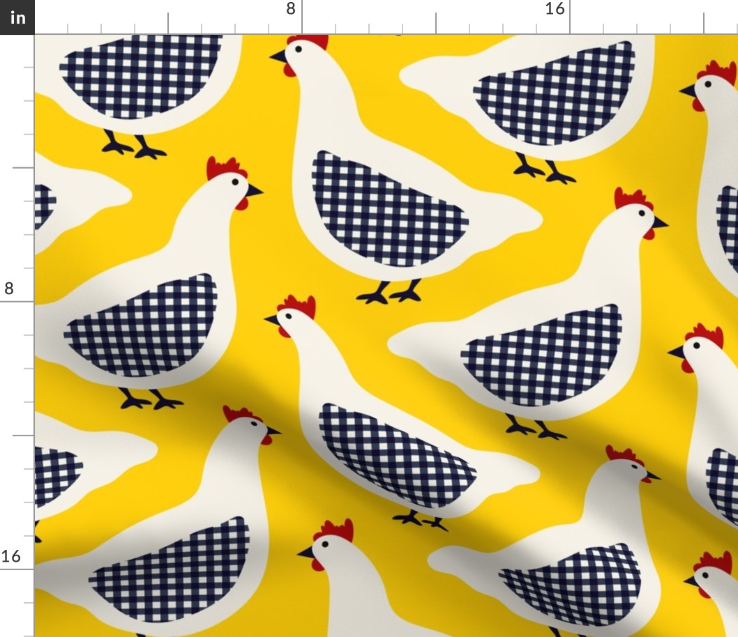 Large // Cheerful Checkered Chickens: Country Farmhouse Animals - Yellow 