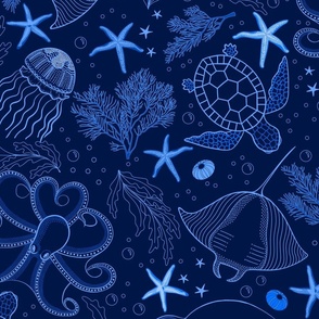 Deep blue ocean - monochrome marine scattered underwater seabed