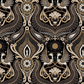 Maximalist golden birds with folk and art deco decorations - black and gold - large