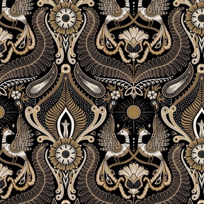 Maximalist golden birds, firebird with folk and art deco decorations - black and gold - large