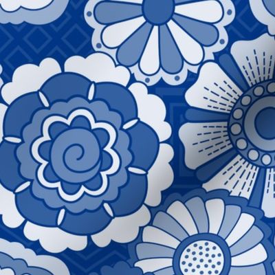 Monochrome flowers in Royal Blue 1970s style