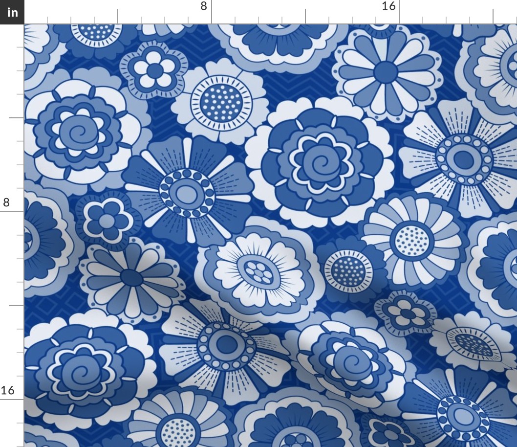 Monochrome flowers in Royal Blue 1970s style