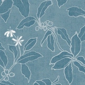 Botanical Print, Coffee Plants in Stone Blue (xl scale) | Hand drawn fabric in neutral blue green, Arabica coffee fabric, coffee berries, leaves, flowers in soft teal.