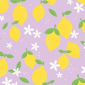 Citrus garden summer blossom lemons and oranges fruit design warm lilac yellow green