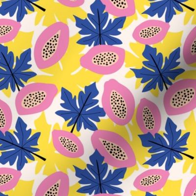 Fruit garden - lush papaya jungle and leaves fruit garden summer design pink yellow navy blue