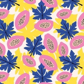 Fruit garden - lush papaya jungle and leaves fruit garden summer design pink yellow navy blue