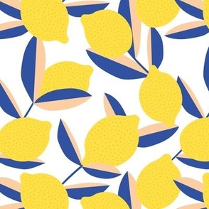 Fruit Garden - Retro style lemon and leaves fruit garden summer design navy blue blush yellow on white 
