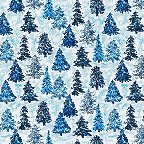 winter tree farm watercolor Christmas trees in blue medium scale