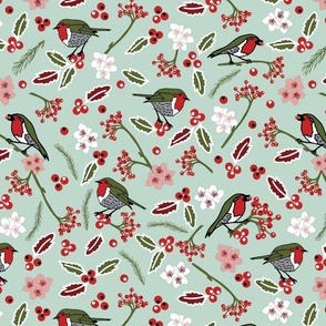 Christmas Robins and Holly Berries Small