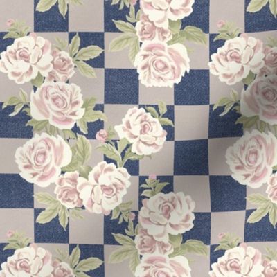 Victorian Rose Garden, Blue Checkerboard by Brittanylane