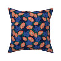 Fruit garden - lush papaya jungle and leaves fruit garden summer design pink coral on navy blue green