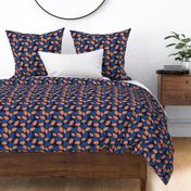 Fruit garden - lush papaya jungle and leaves fruit garden summer design pink coral on navy blue green