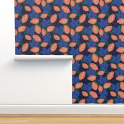 Fruit garden - lush papaya jungle and leaves fruit garden summer design pink coral on navy blue green