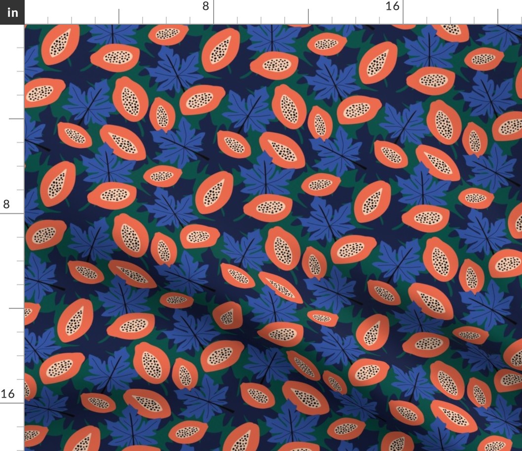 Fruit garden - lush papaya jungle and leaves fruit garden summer design pink coral on navy blue green