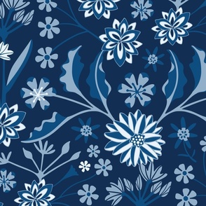 Jaipur Modern Chintz Floral Cottage Botanical in Monochromatic Cobalt Navy Blue - LARGE Scale - UnBlink Studio by Jackie Tahara