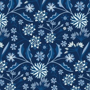 Jaipur Modern Chintz Floral Cottage Botanical in Monochromatic Cobalt Navy Blue - MEDIUM Scale - UnBlink Studio by Jackie Tahara