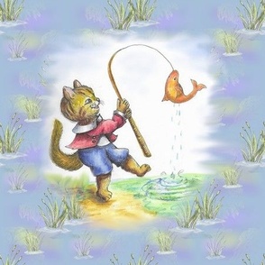 Cat fishing in cattails Vintage Storybook
