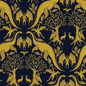 Gold & Navy Cryptid / Cryptozoology Damask